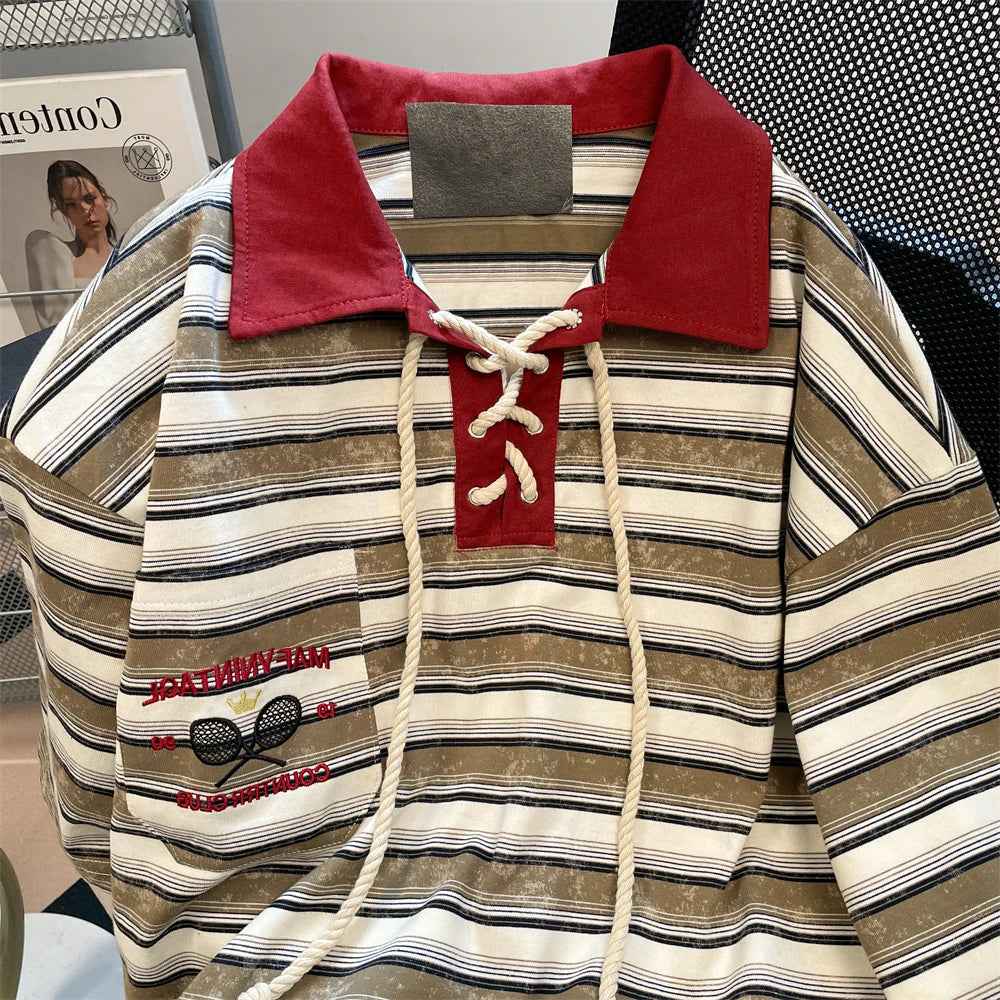 Vintage Striped Patchwork Lace-Up Polo T-Shirt