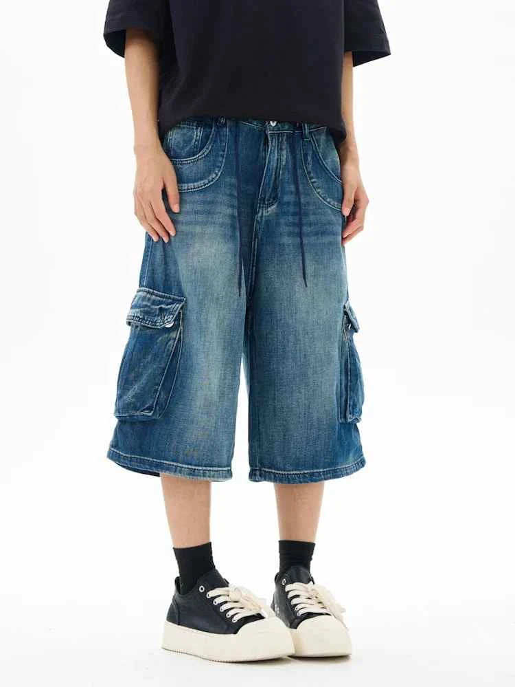Distressed Loose Fit High Street Denim Cargo Jorts