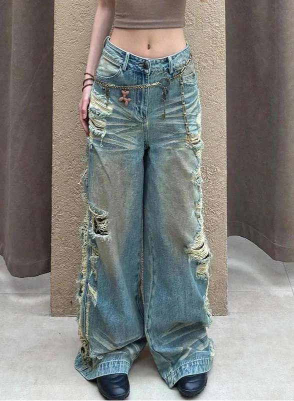 Streetwear Casual Vintage Oversize Ripped Denim Jeans - Luxuryurbanwear