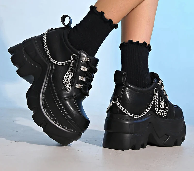 Chunky Gothic Black Chain Platform Sneakers - Luxuryurbanwear