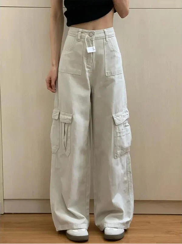 Cool Streetwear Beige High Waisted Cargo Jeans - Luxuryurbanwear