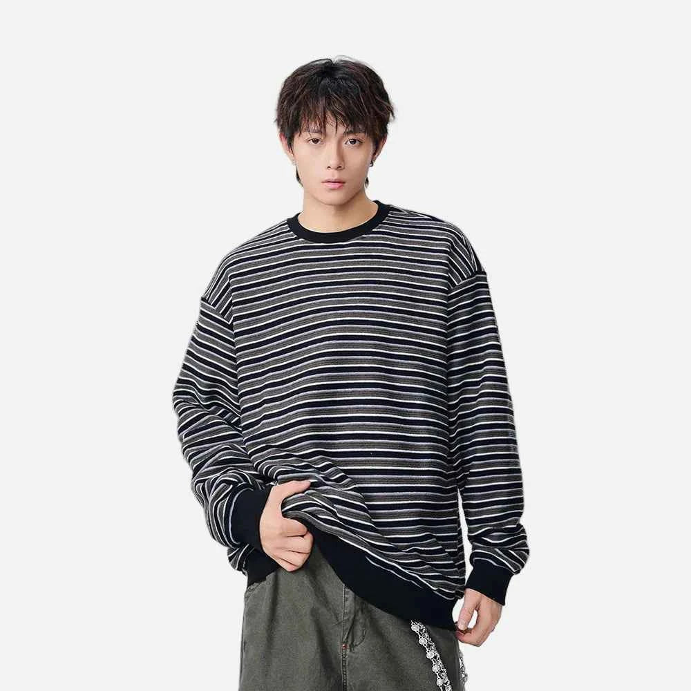 Y2K Striped Oversized Crew Neck Sweatshirt