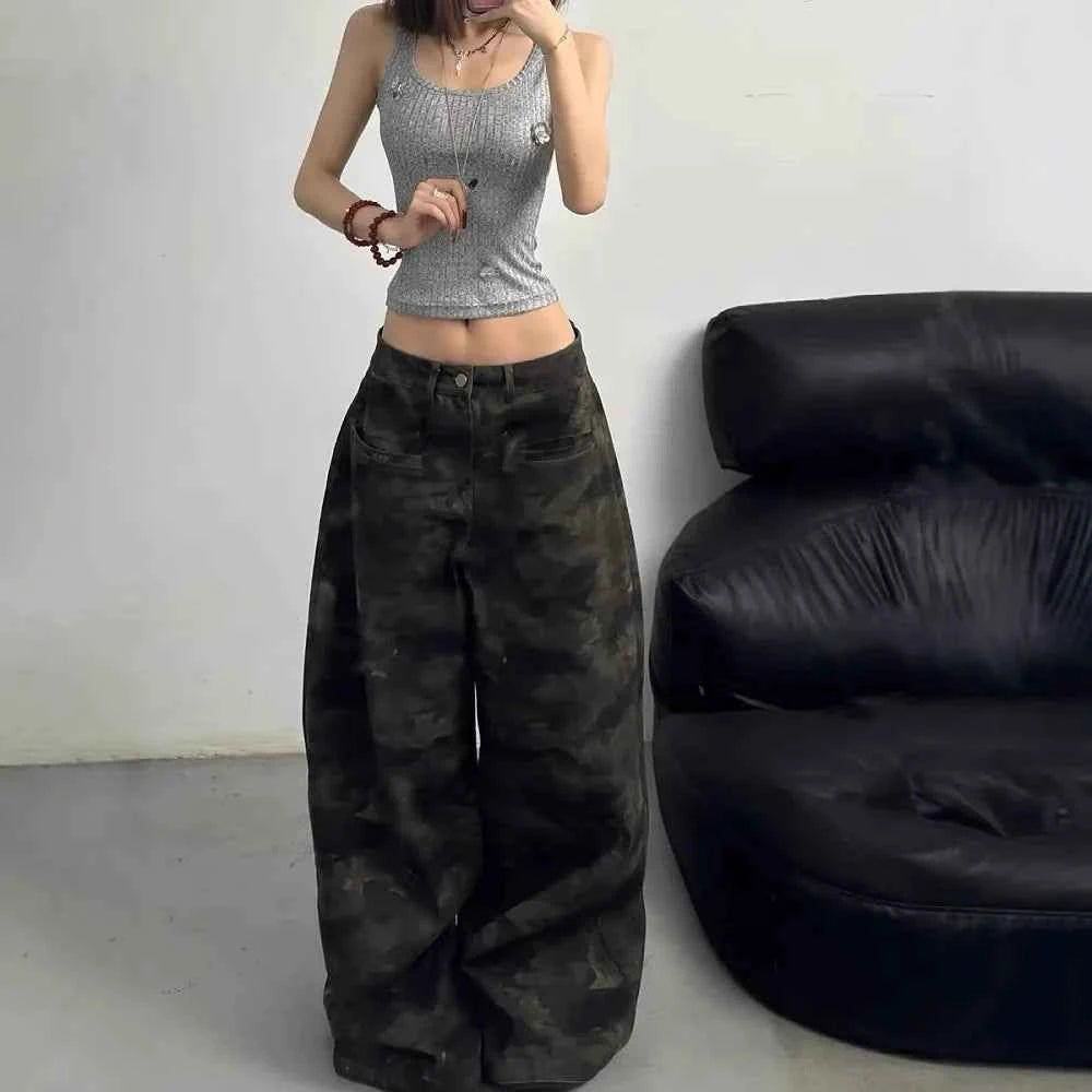 Retro American Style Camouflage Wide Leg Jeans