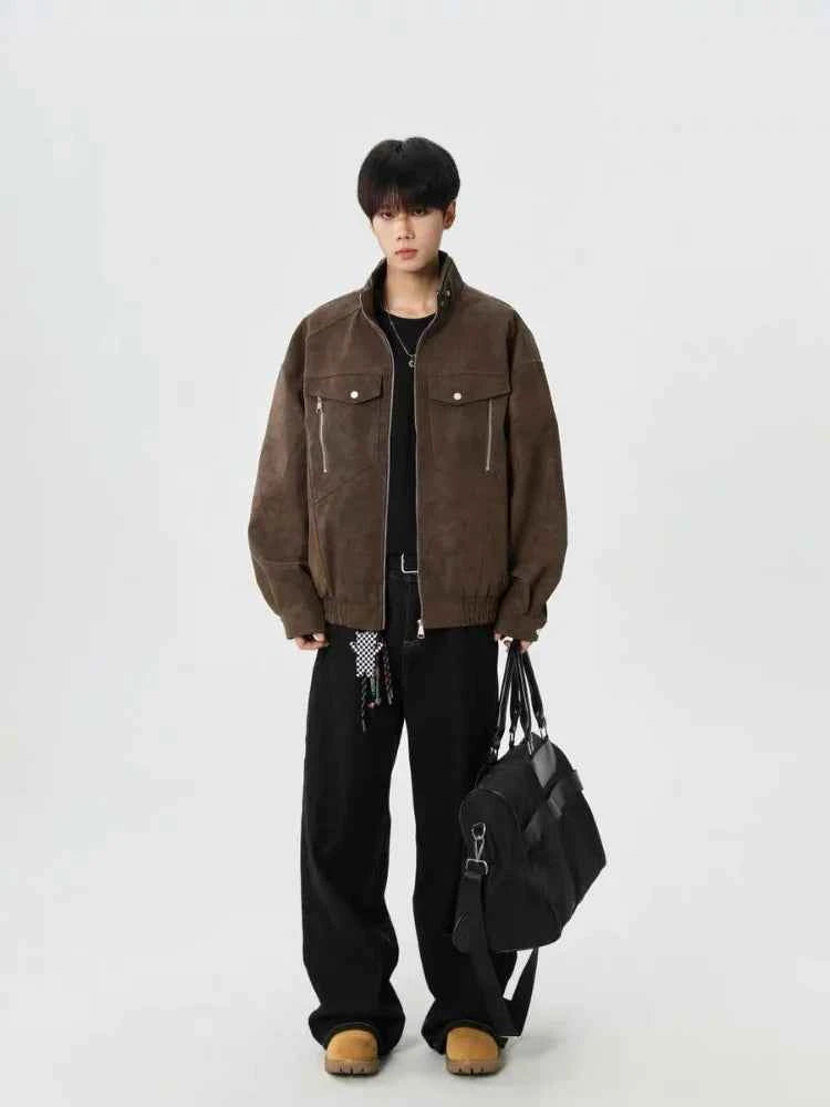 Solid Color Stand Collar Zipper Jacket