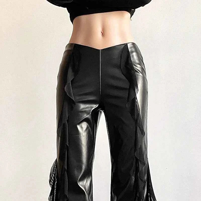Faux Patchwork Mesh High Leather Pants