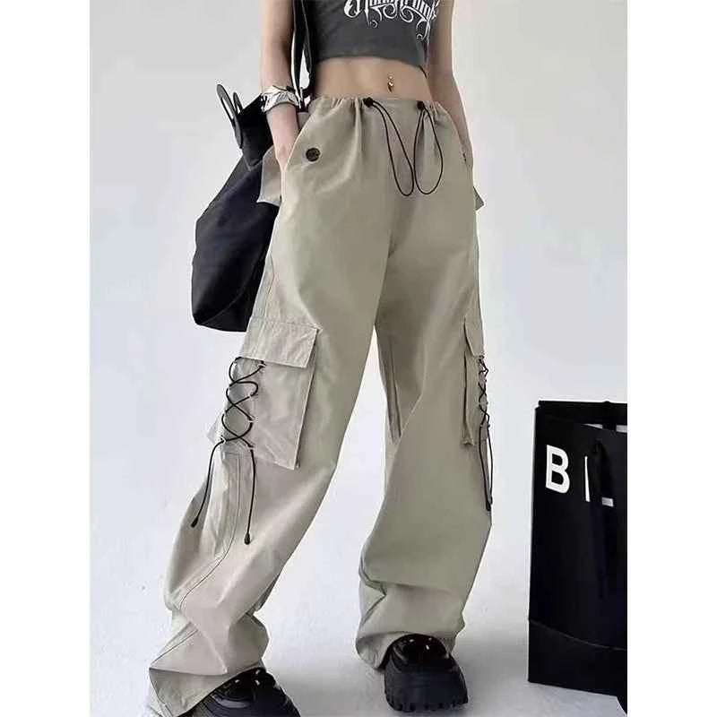 American Style Solid Pleated Wide Leg Cargo Pants