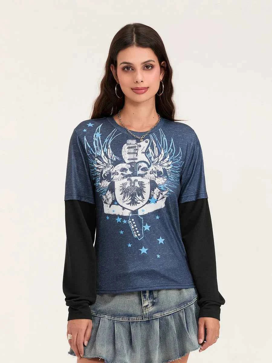 Women Patchwork Gothic Crew Neck T-Shirt