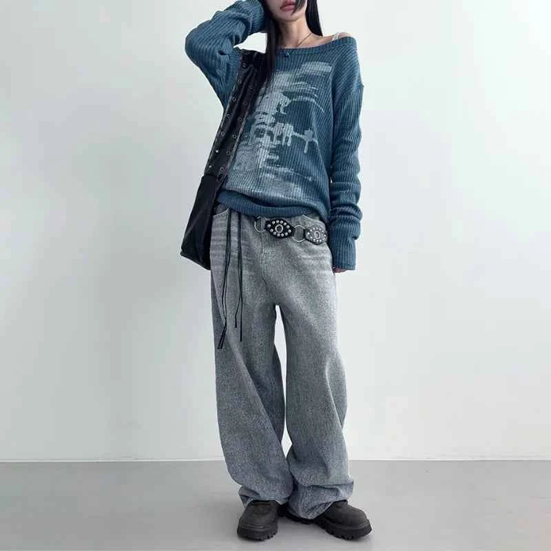 Vintage Graphic Printing Skew Collar Sweater