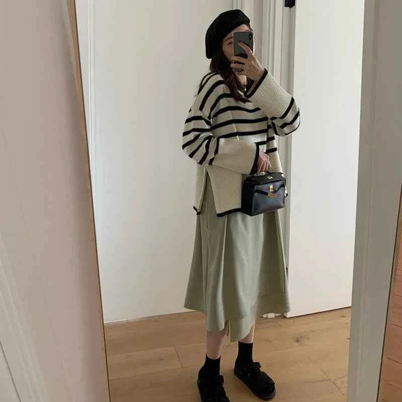 Women Chic Korean Striped Loose Knit Sweater