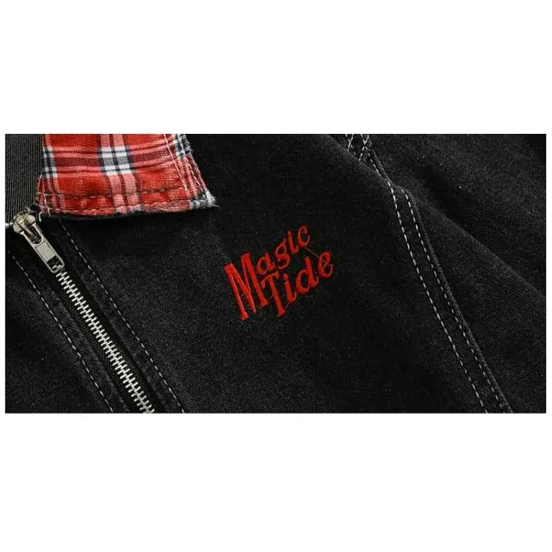Retro American Style Plaid Varsity Denim Jacket