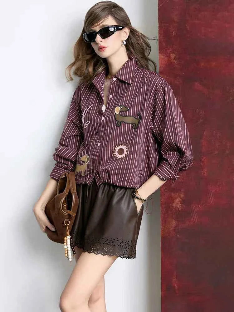 Cute Striped Cartoon Dog Embroidered Shirt