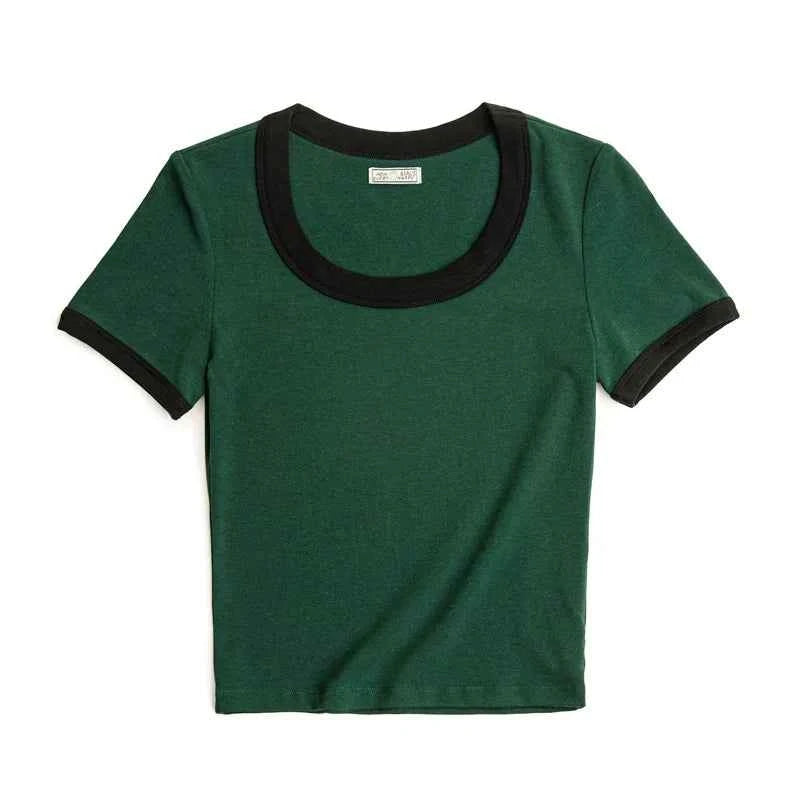Contrasting Color Slim O-Neck T-Shirt