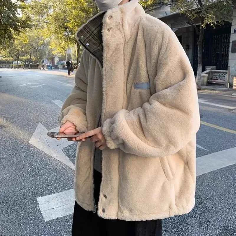 Double Sided Color Block Woolen Faux Fur Jacket