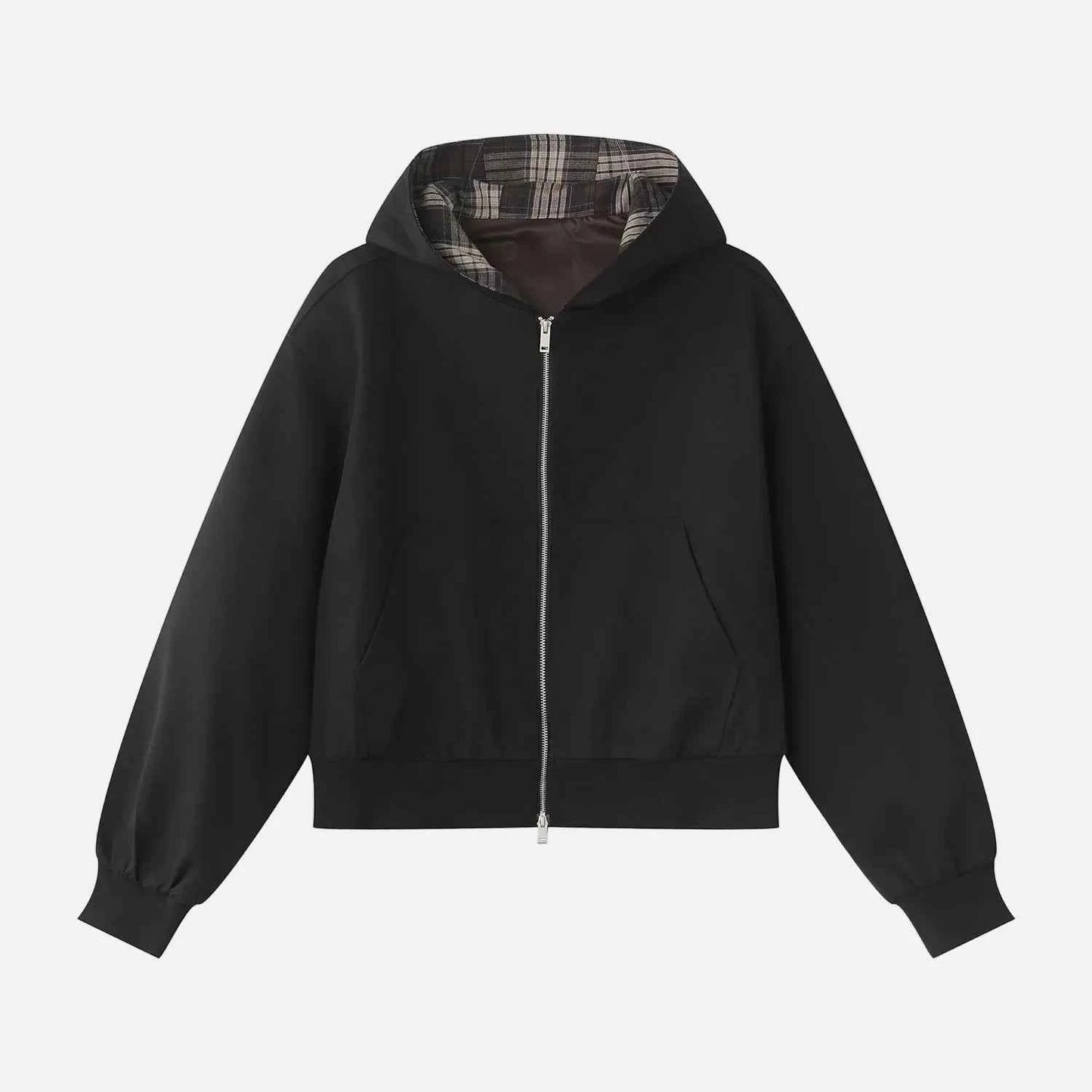 Chic Plaid Colorblock Double Zipper Hooded Sweatshirt