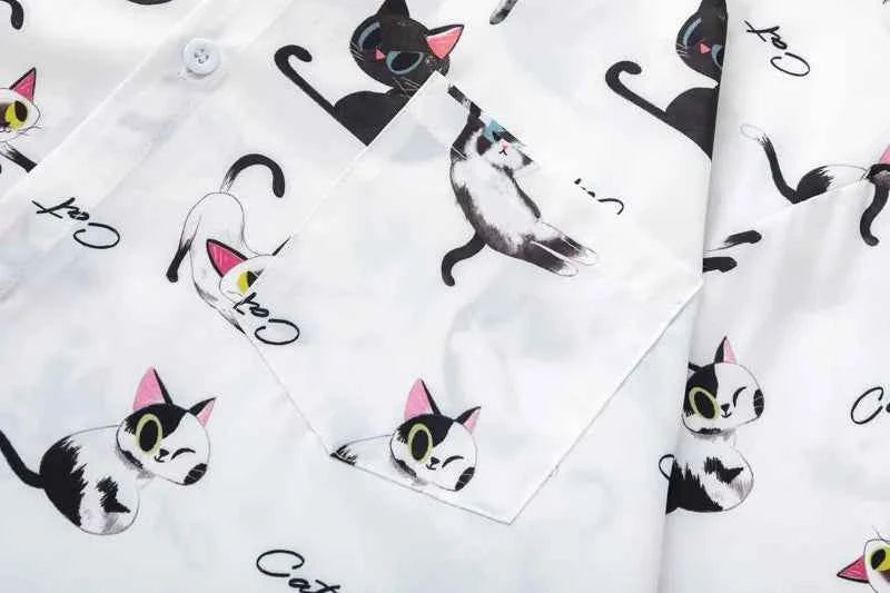 Y2K Funny Cat Graphic Lightweight Beach Shirt