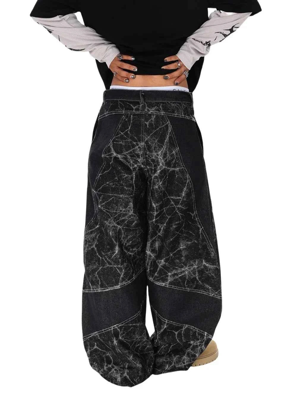 Lightning Spliced Wide Leg Distressed Jeans