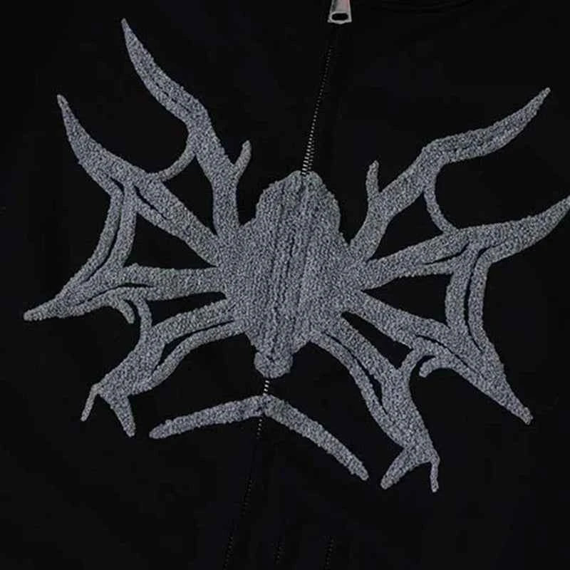 Spider Web Print Gothic Zip-Up Hooded Sweatshirt