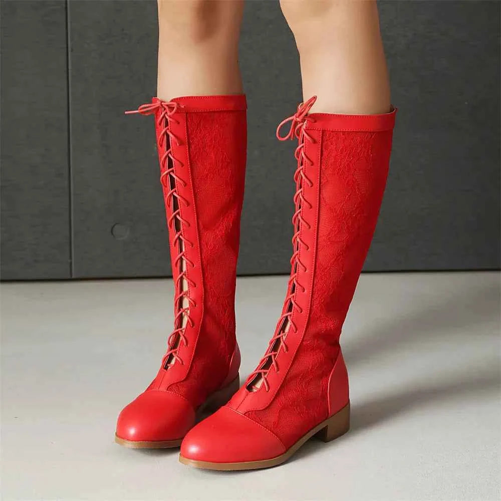 Elegant Lace-Up Sheer Floral Knee-High Boots