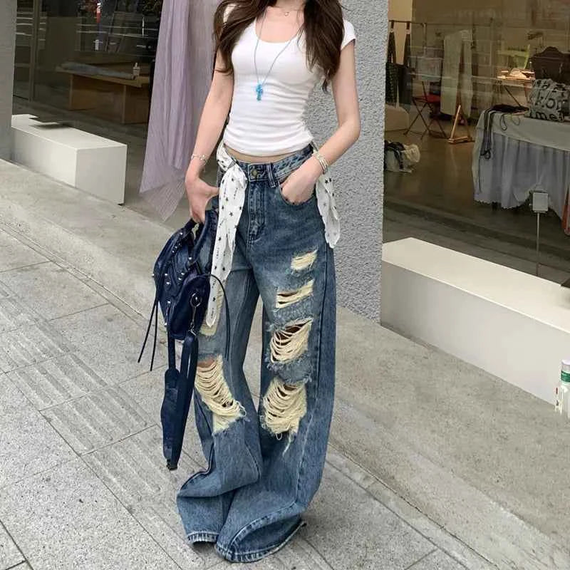 Y2K Plush Ripped Washed Denim Jeans