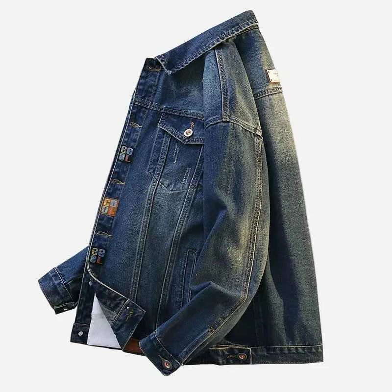 Embroidered Turn Down Collar Loose Denim Jacket