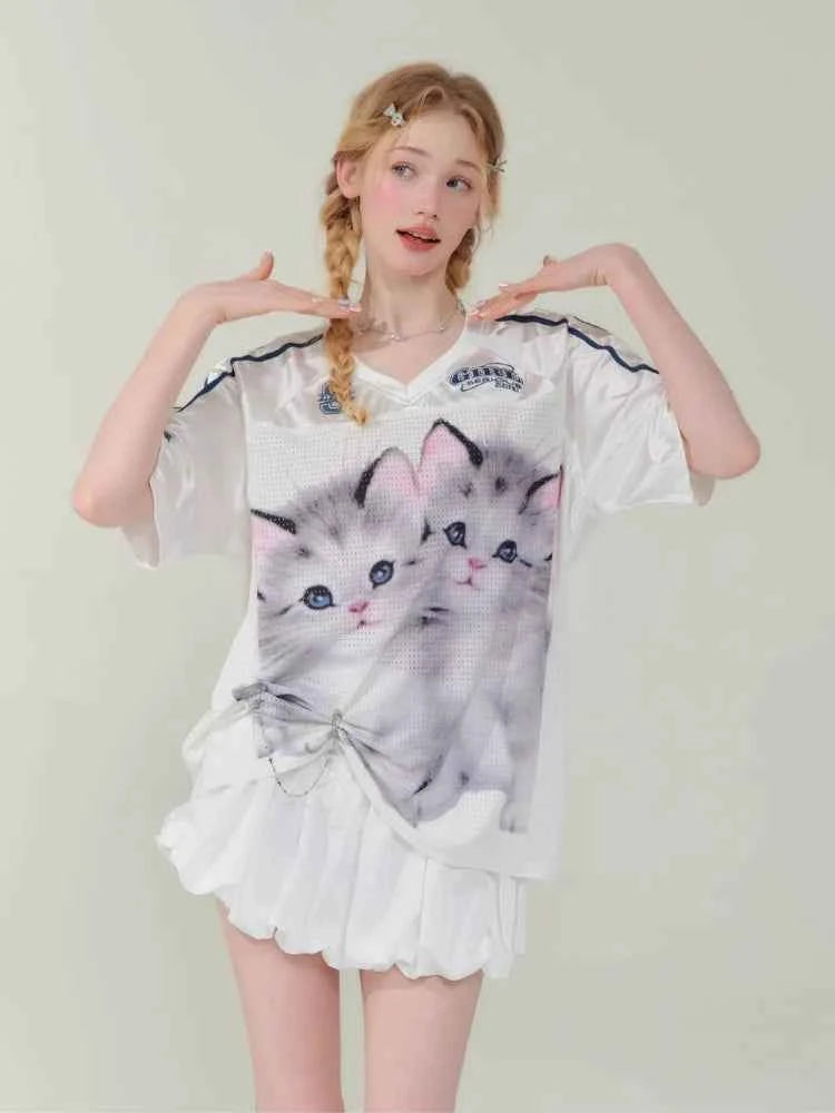 Funny Cat Print Football Jersey T-Shirt