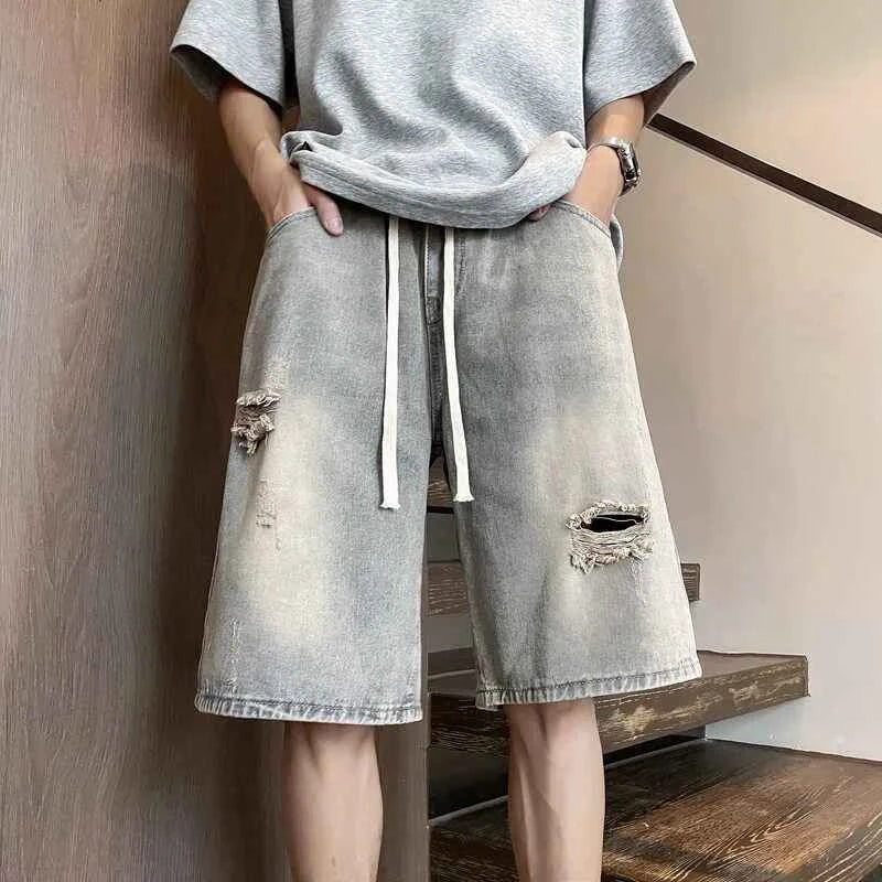 Men's Vintage Distressed Drawstring Denim Short