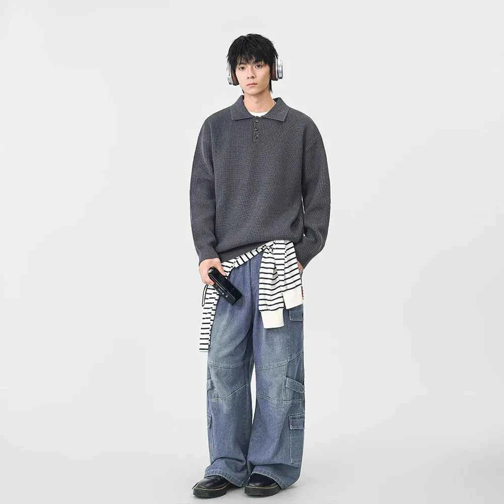 Y2K Cozy Ribbed Knit Polo Collar Sweater