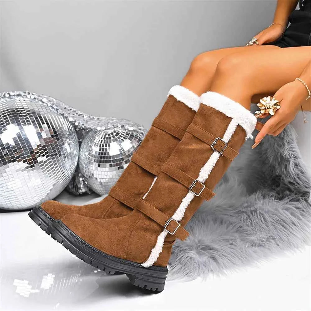 Winter Retro Faux Fur Square Heels Boot