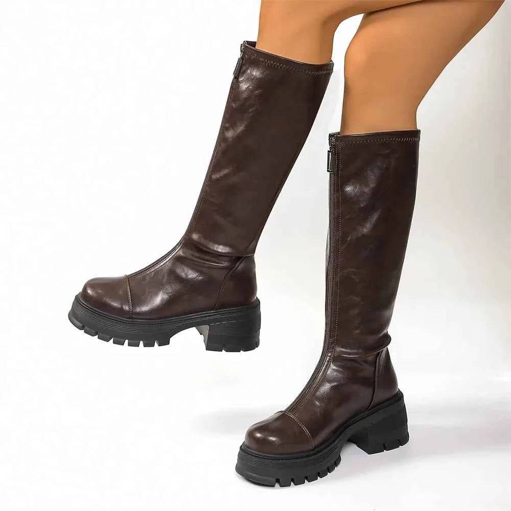 Gothic Front Zipper Knee High Leather Boots