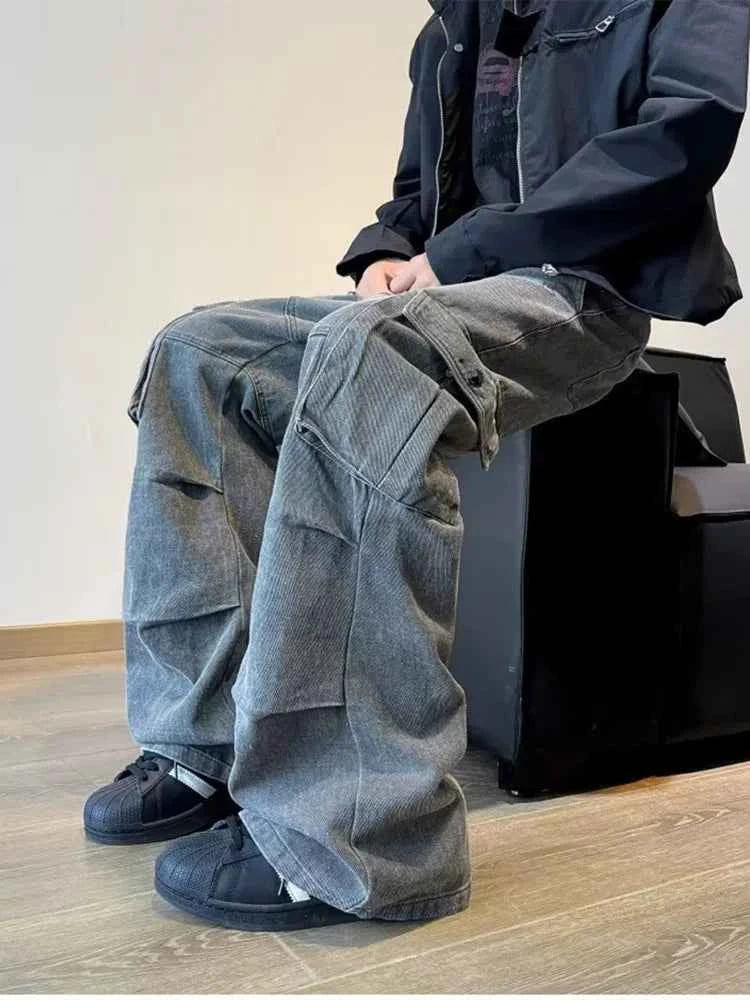 Y2K Streetwear Vintage Cyber Gray Pleated Baggy Jeans