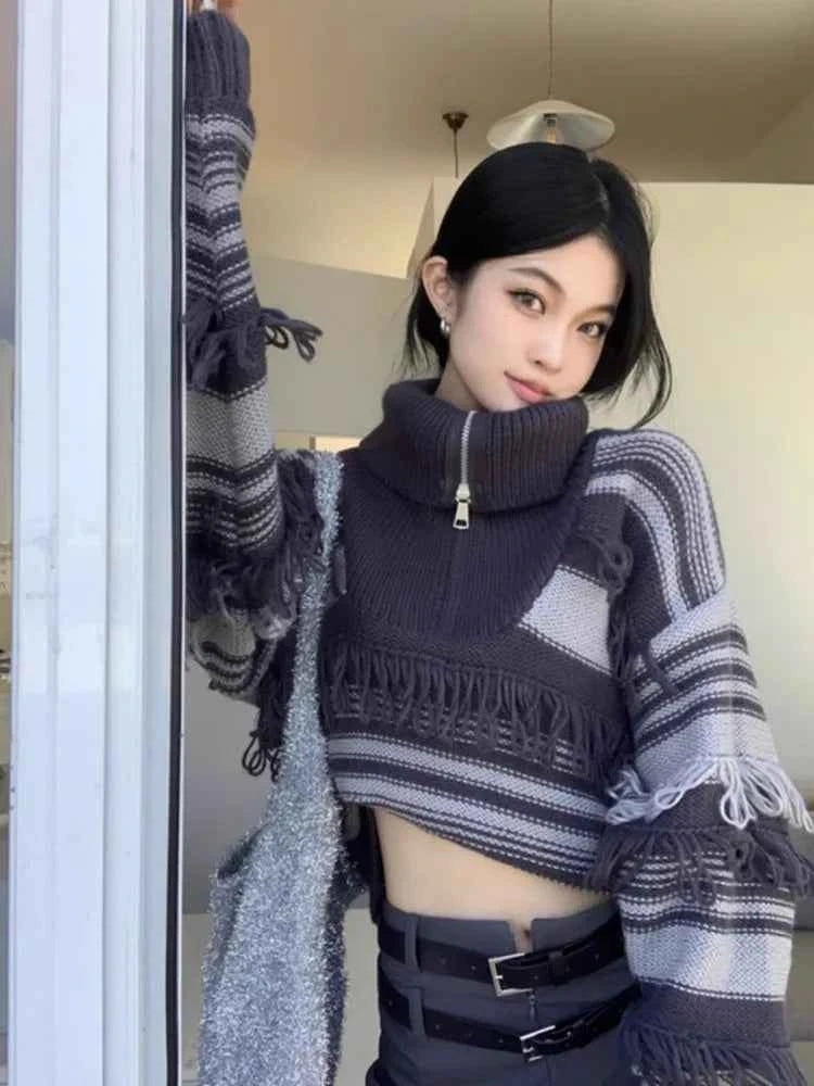 Autumn High-End Striped Fringe Sweater
