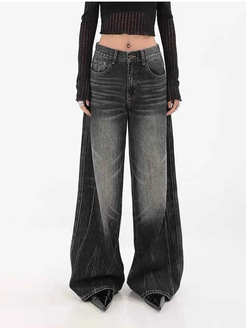 Vintage Washed Black Distressed High Waist Jeans