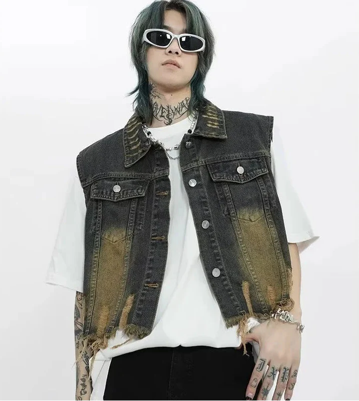 Cowboy Style Distressed Denim Vest - Luxuryurbanwear