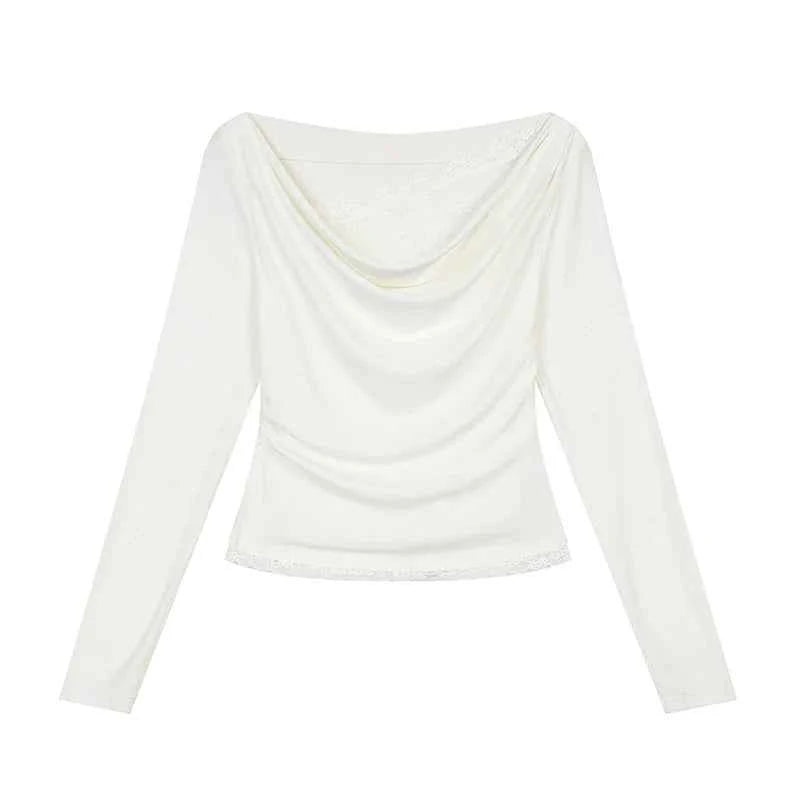 White Lace Pleated Round Neck T-Shirt