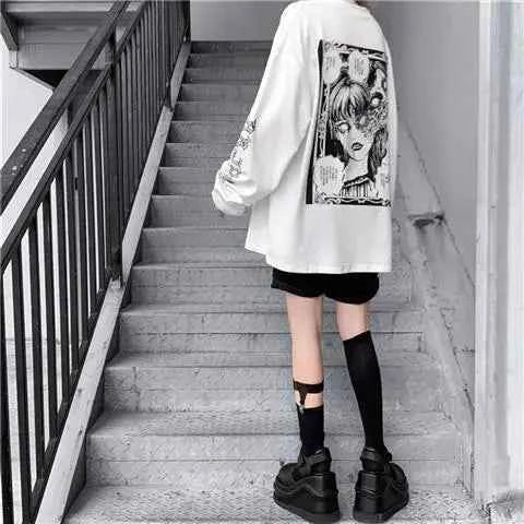 Oversized Korean Style Anime Print Long Sleeve T-Shirt