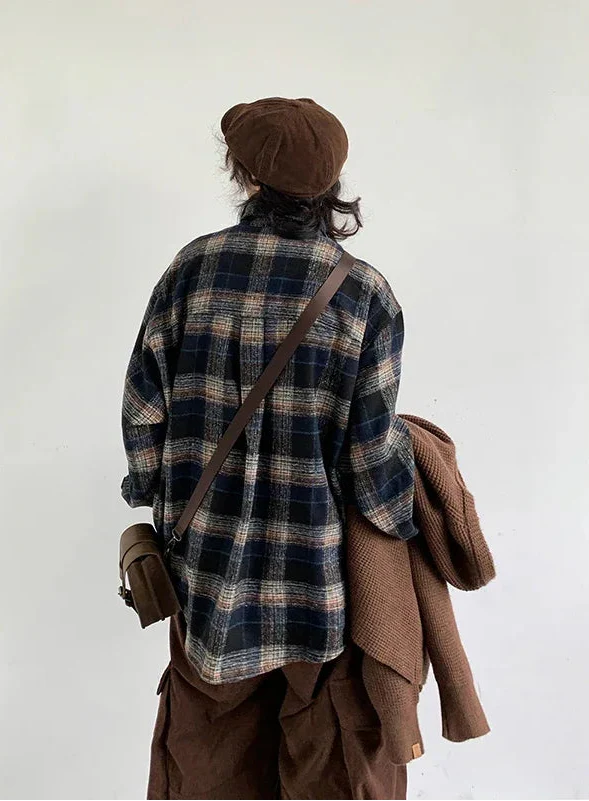Y2K Cozy Plaid Woolen Long Sleeve Shirt - Luxuryurbanwear