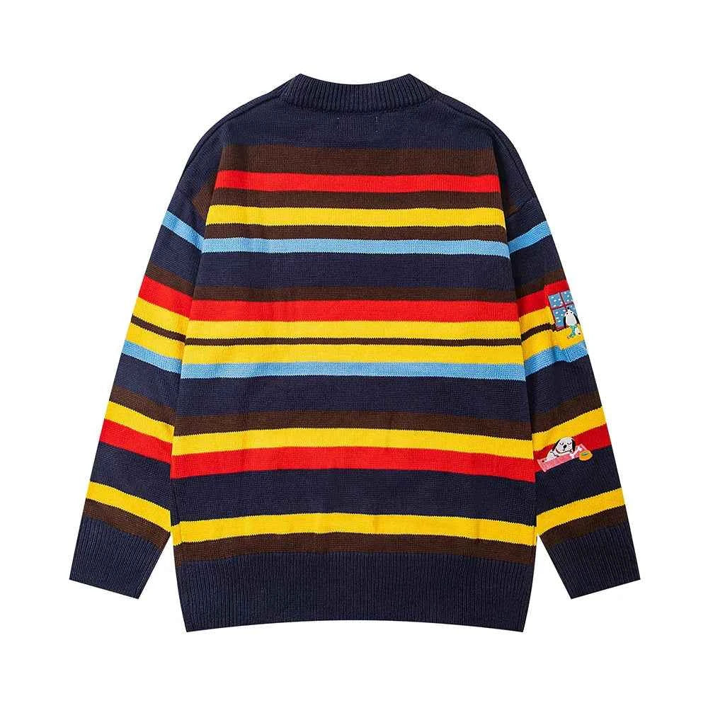 Embroidered Crew Neck Collar Contrast Paneled Striped Sweater