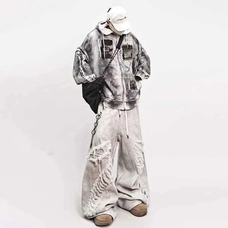 Streetwear High Street Patched Wide Leg Jeans