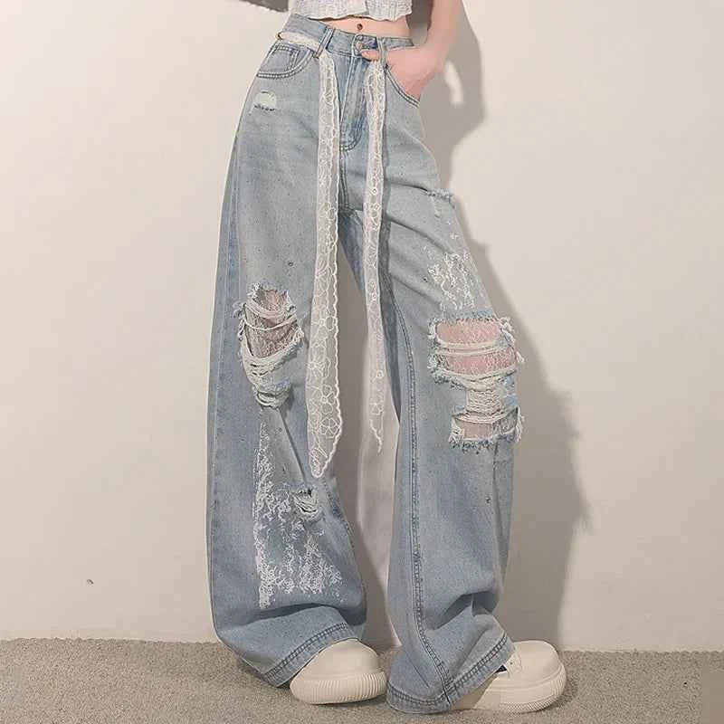 Women New Trendy Lace Hole High Jeans