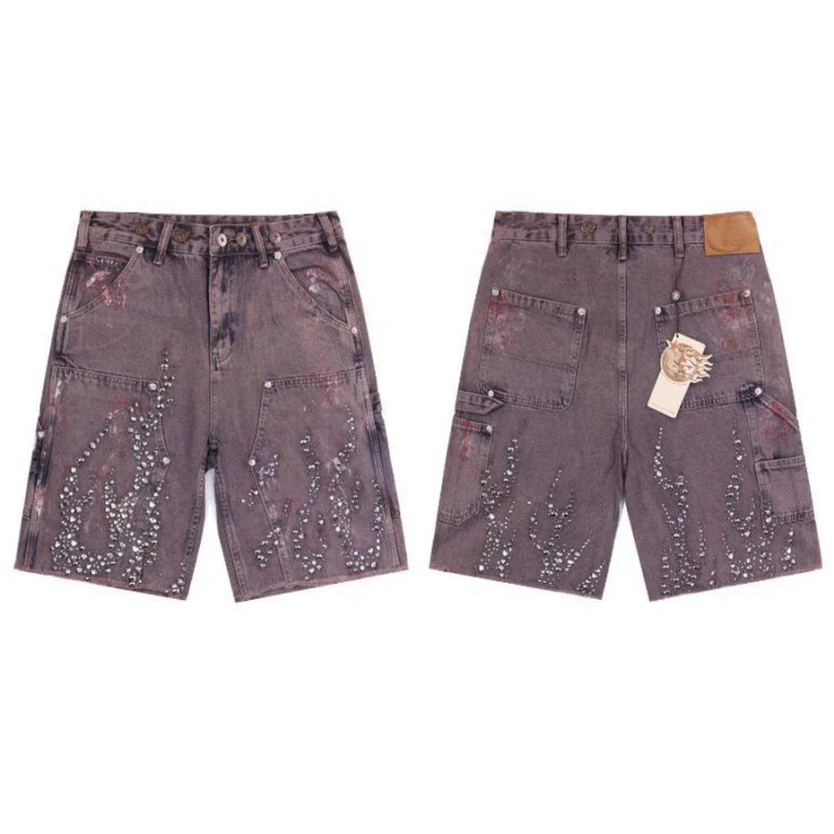 Fire Diamond Denim Rhinestone Shorts
