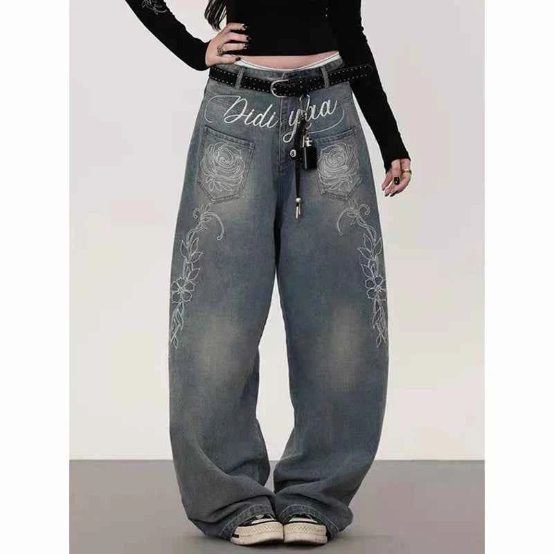 Flattering Y2K Japanese Baggy Blue Embroidered Jeans