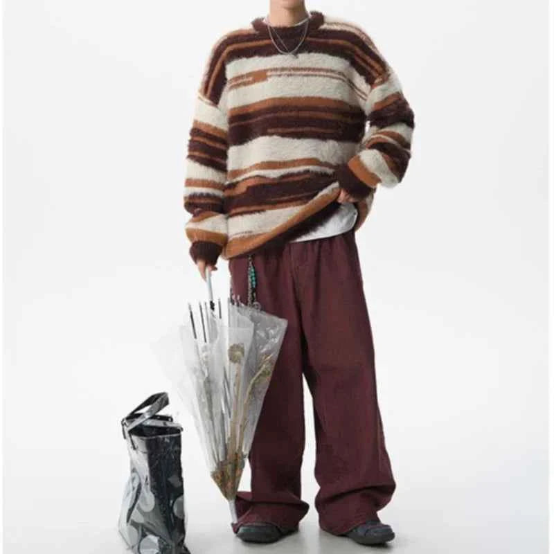Streetwear Cozy fuzzy Striped Knit Sweater