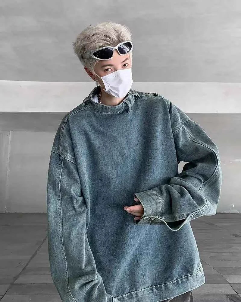 Streetwear Korean Style Stand Collar Denim Sweatshirt