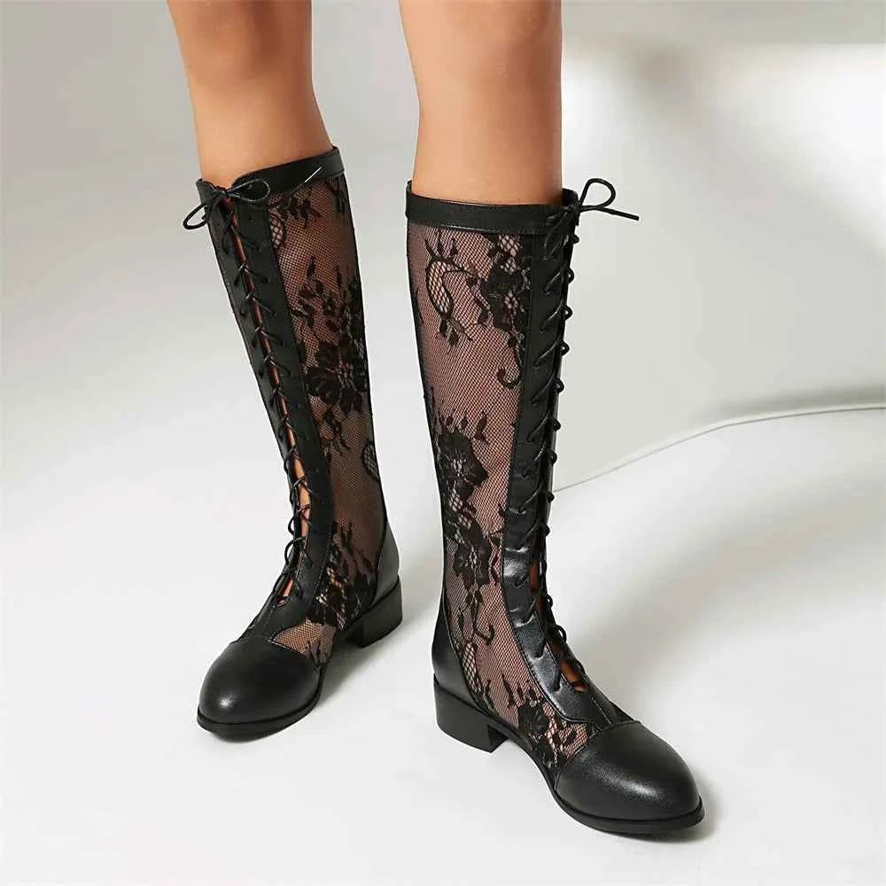 Elegant Lace-Up Sheer Floral Knee-High Boots