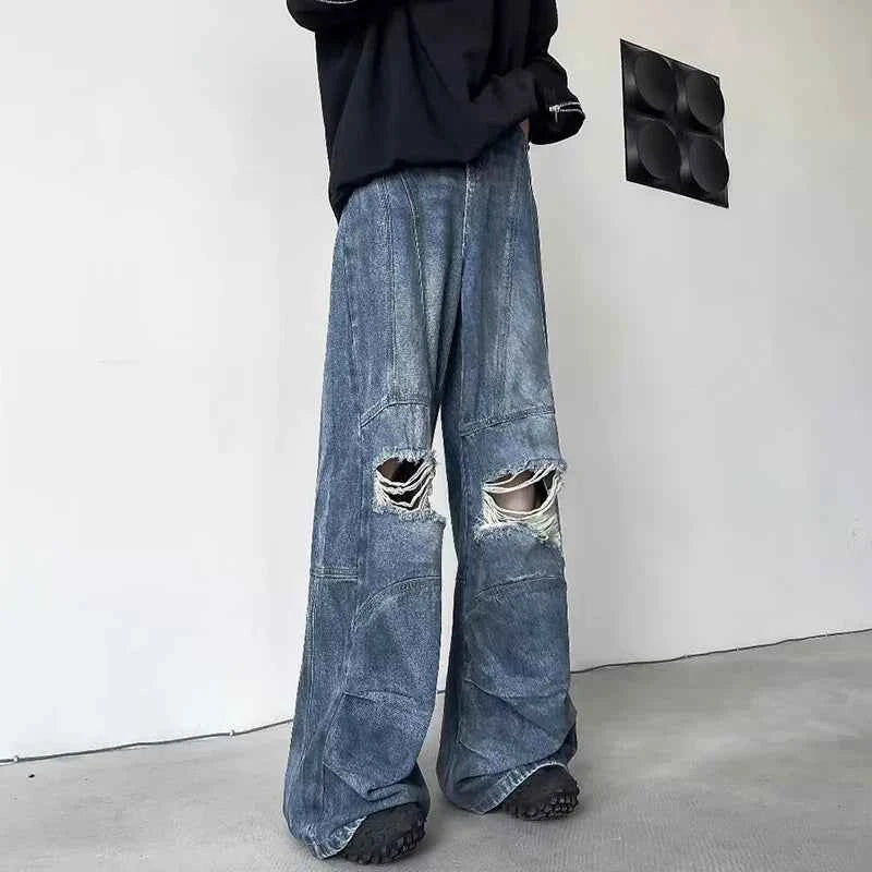 Trendy Wide Leg Broken Hole Jeans