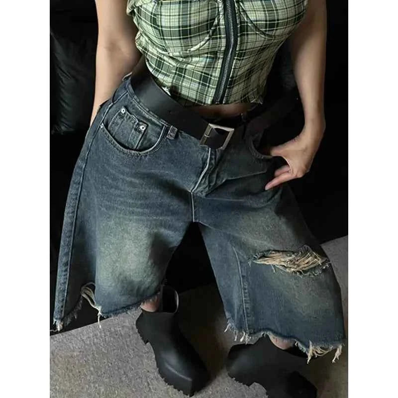 Women Retro distressed high-waist vintage Denim Jorts