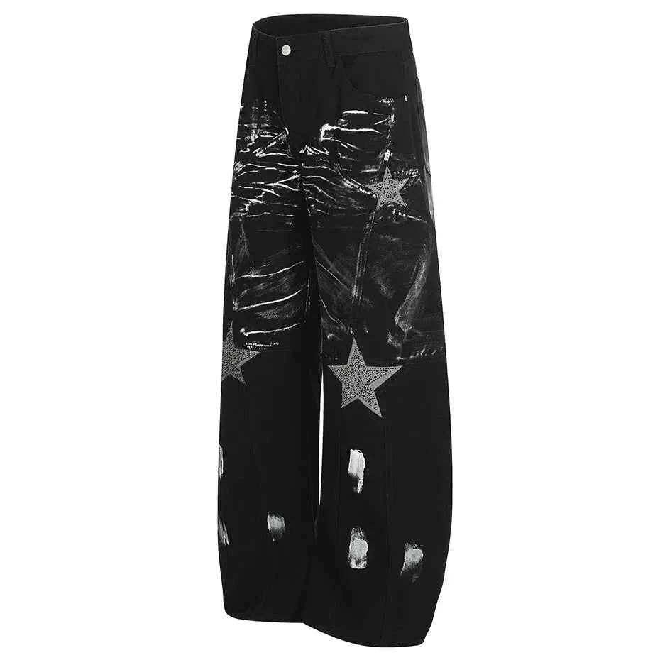 Streetwear Black Diamond Star Patchwork Wide Leg Jeans
