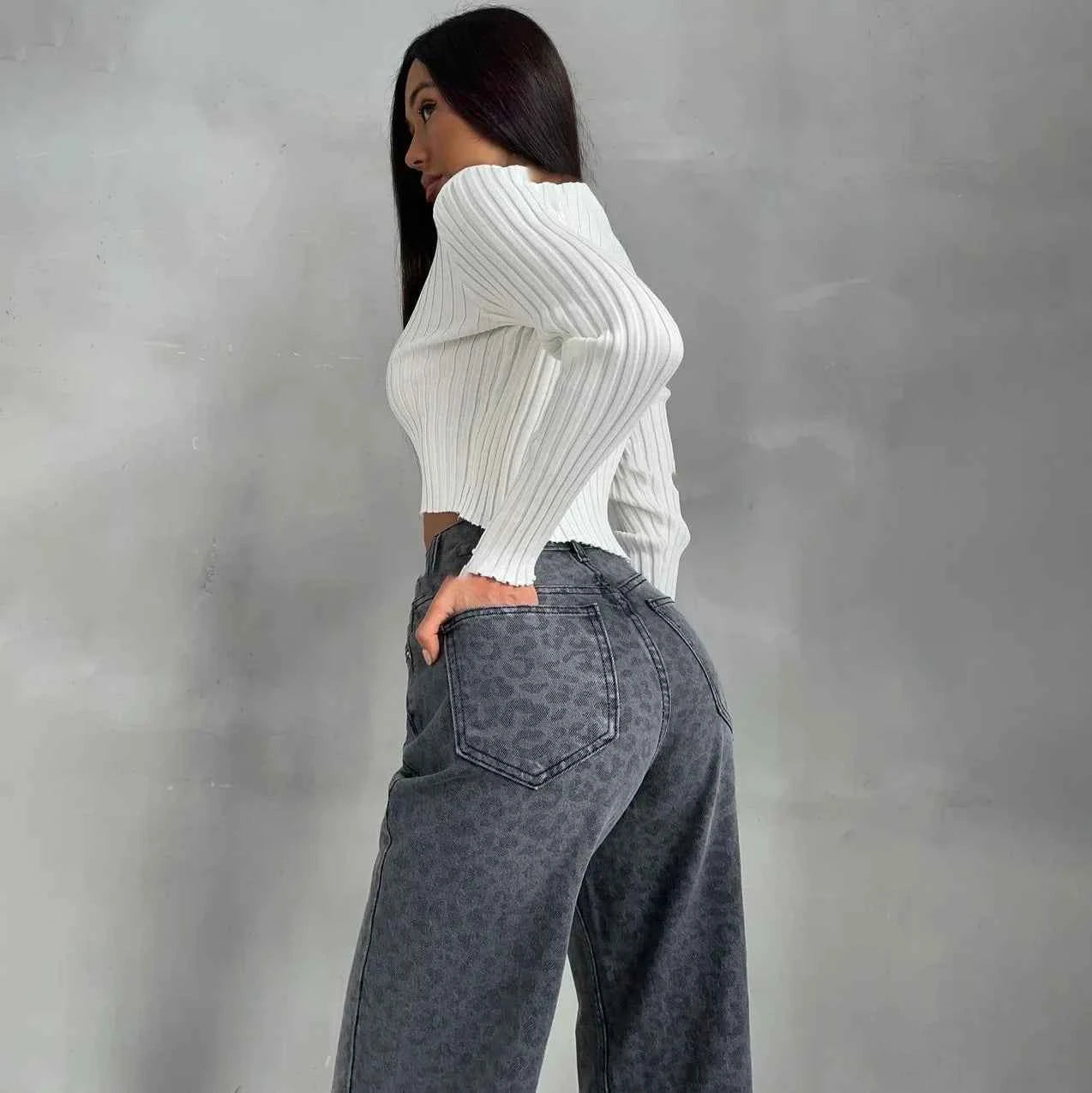 Leopard High Waist Straight Jeans