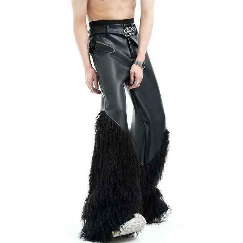 Trendy Patchwork Wide Leg Leather Pants