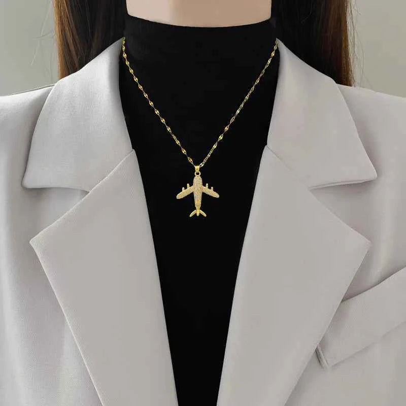 Golden Zircon Aircraft Pendant Necklace